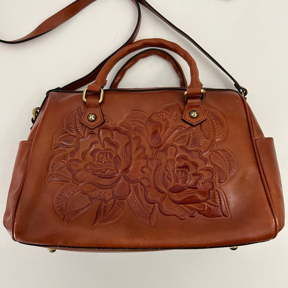 Patricia Nash Skye Satchel Rose Tooled Leather in Cinnamon Color